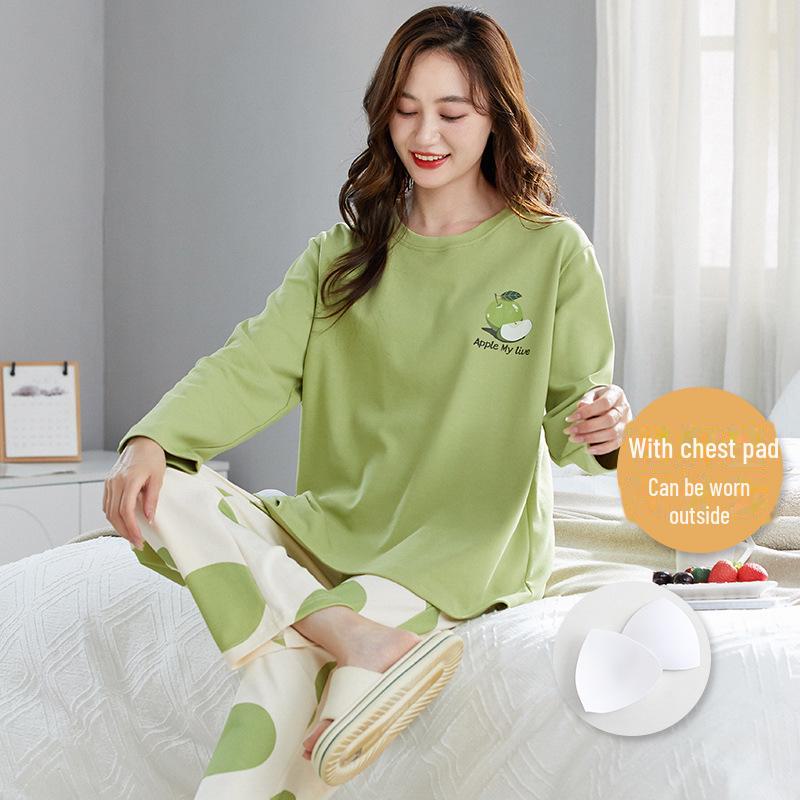 Pijama feminino de manga comprida com estampa de desenho animado e protetores de peito - algodão fino para uso interno/externo na primavera, outono e inverno