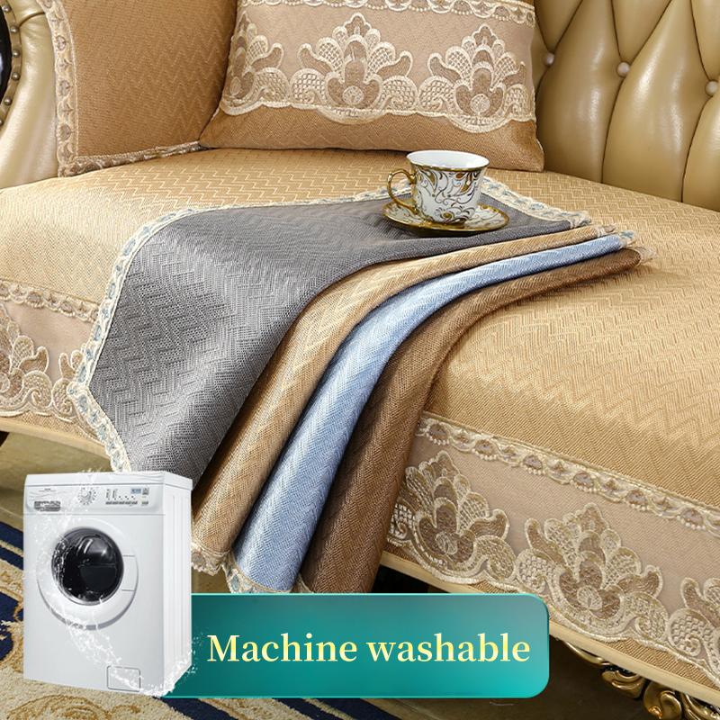 Summer European Ice Silk Fabric Sofa Cover Home Living Room Decoration Lace Hemline Non-slip Slipcover 1/2/3 Seats Sofa Cushion