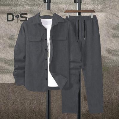 2Pcs/Set Men Sportwear Set Lapel Long Sleeve Flap Pockets Coat Elastic Drawstring Waist Long Trousers Set Loose Fit Activewear