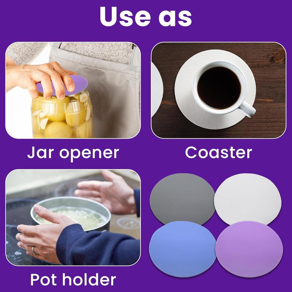 Jar Opener Gripper Pads (Pack of 4) - Round Non Slip Grippers for Jars, Lids & Bottles - Multipurpose Silicone Jar Lid Openers for Opening Jars for
