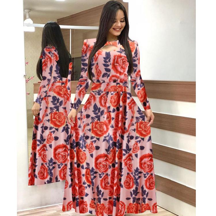 Women's Fashion Casual Bohemian Print Long-sleeved Pocket Dress Long Skirt