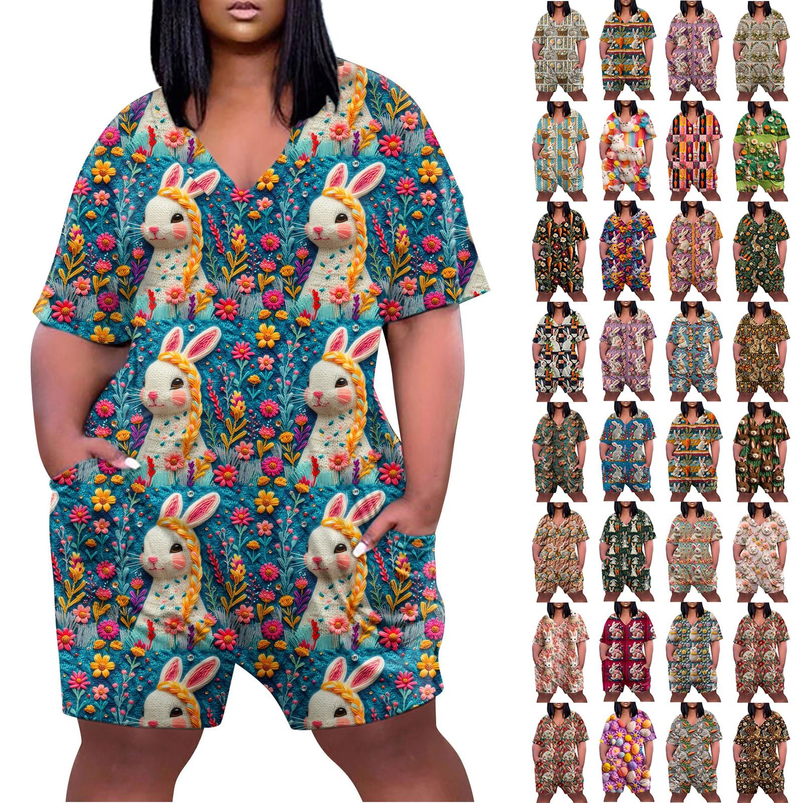 

Женские повседневные пасхальные принты больших размеров с V-образным вырезом и карманами, комбинезоны с короткими рукавами, широкие шорты, комбинезоны