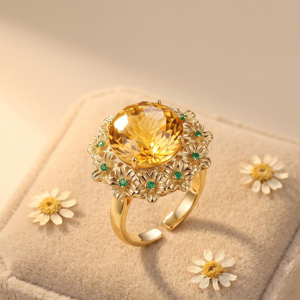 Fireworks Craftsmanship Cuts High-quality Imitation Yellow Crystal Ice Flowers To Attract wealth18K Gold Light Luxury Versatile Floral Open Ring