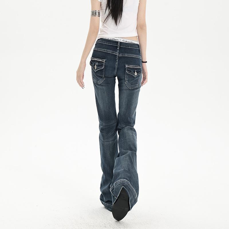American dark blue micro-pull jeans women's summer new low-rise slim-fitting slim-fitting horseshoe horn pants