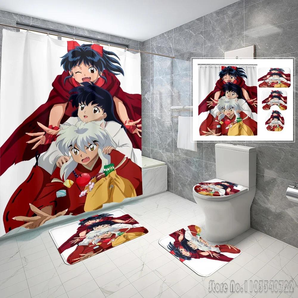 

Anime Inuyasha Pattern Bath Shower Curtain Set 4pcs with Hooks Cartoon Decor Bathroom Toilet Mat Lid 90x180cm 4pcs