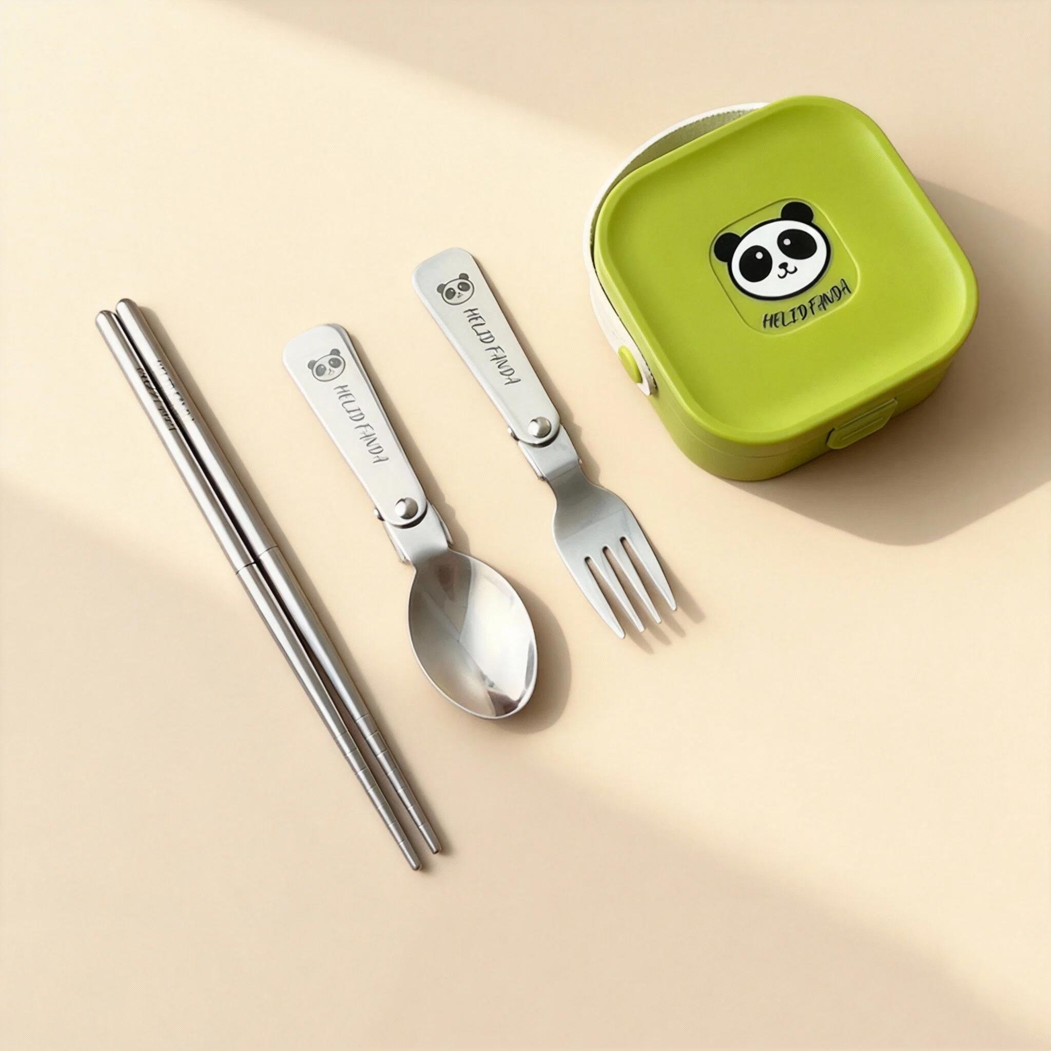 

4Pcs/Set Folding Dinnerware Set Camping Picnic Cartoon Portable 304 Stainless Steel Foldable Cutlery With Case For Kids Students зелений