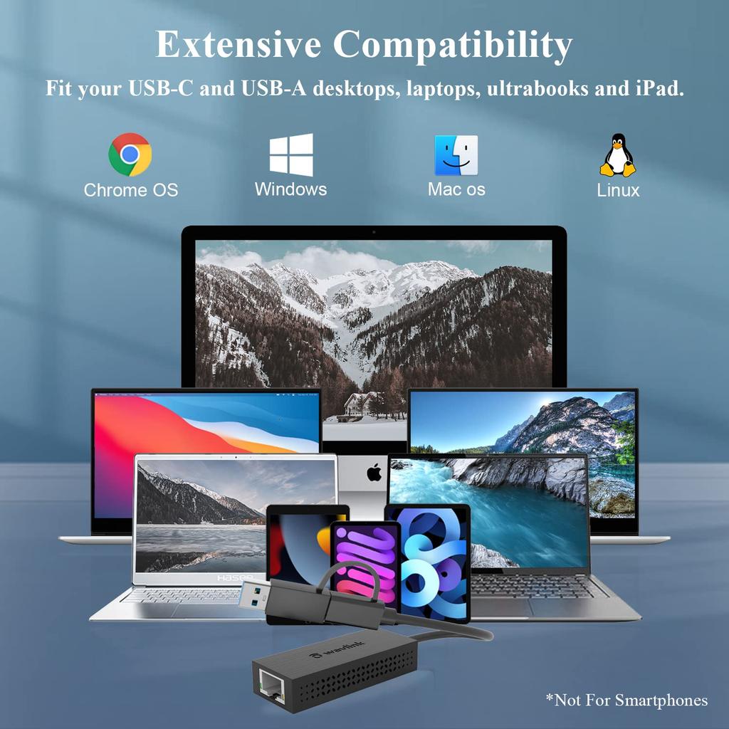 WAVLINK USB C To Ethernet USB Type C To Gigabit Ethernet Adapter RJ45 LAN Network Converter for Mac iPad 2.5G Adapter, 2-in-1 3.2 A/Type (Thunderbolt