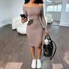 European and American light and pure desire wind one-word shoulder long-sleeved split-ended dress women's clothing autumn and winter