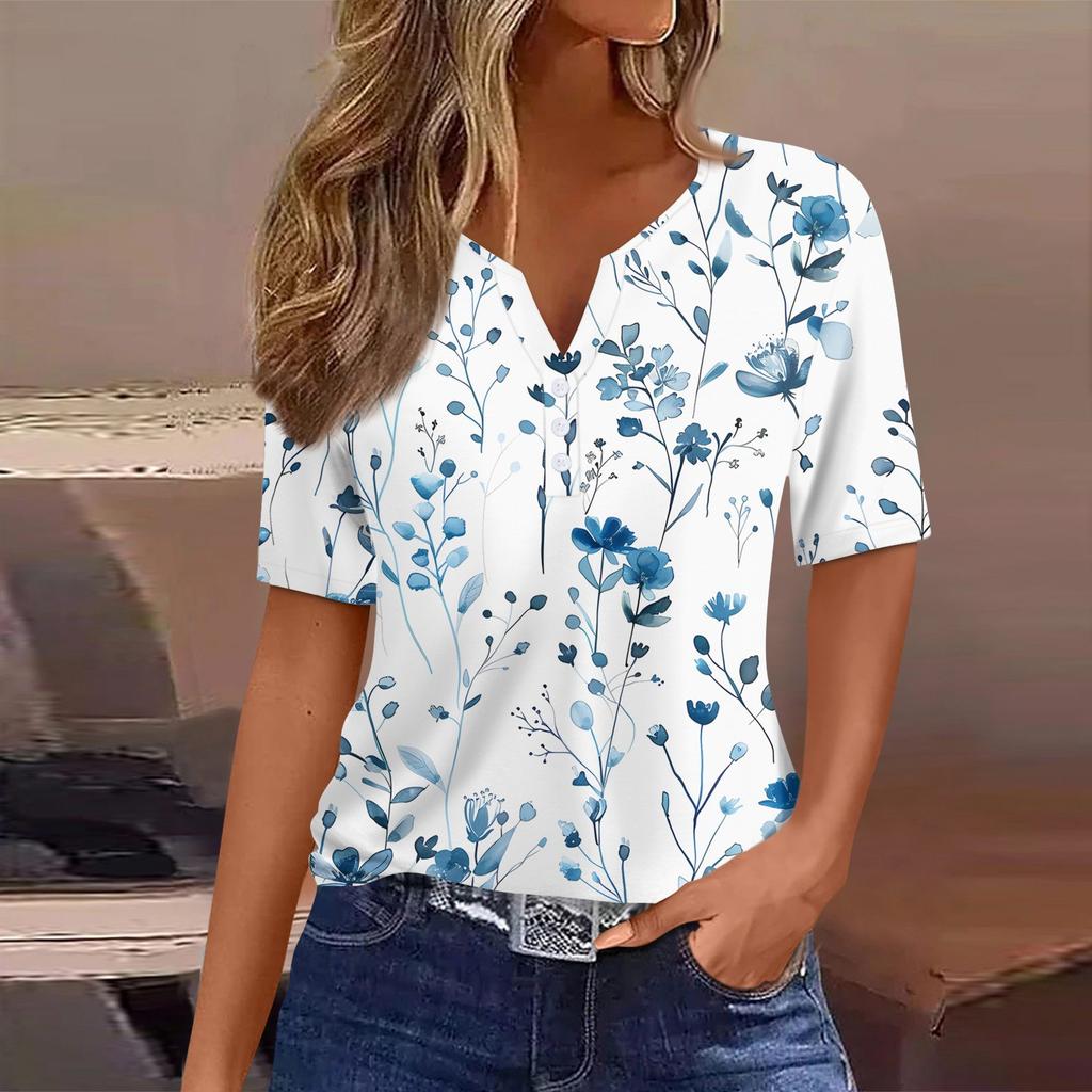Women's T Shirt Print Button Short Sleeve Daily Weekend Fashion Basic V- Neck Regular Top