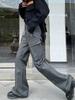 2025 Spring Summer New Gray Cargo Pants Women's High Waisted Thin American Retro Straight Wide-leg Pants Y2k Casual Flared Pants