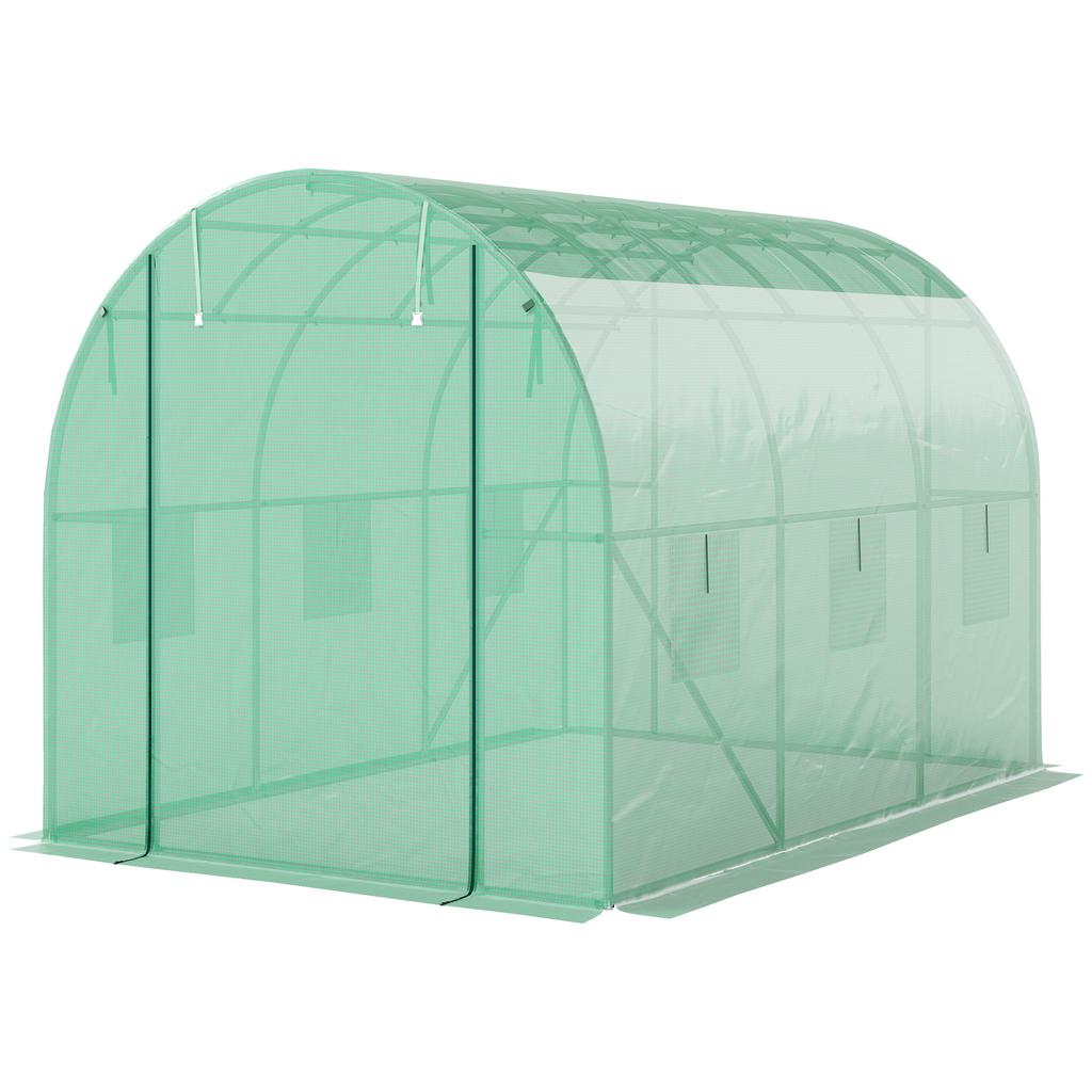 Polytunnel Greenhouse with Plastic Cover and Steel Frame, Walk-In Greenhouse Tent with Roll-Up Doors, Green