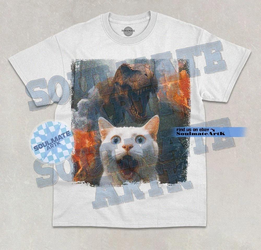 Cat Running From Dinosaur T-Shirt Funny Joke Meme Dino Hilarious Graphic Shirt 2XL