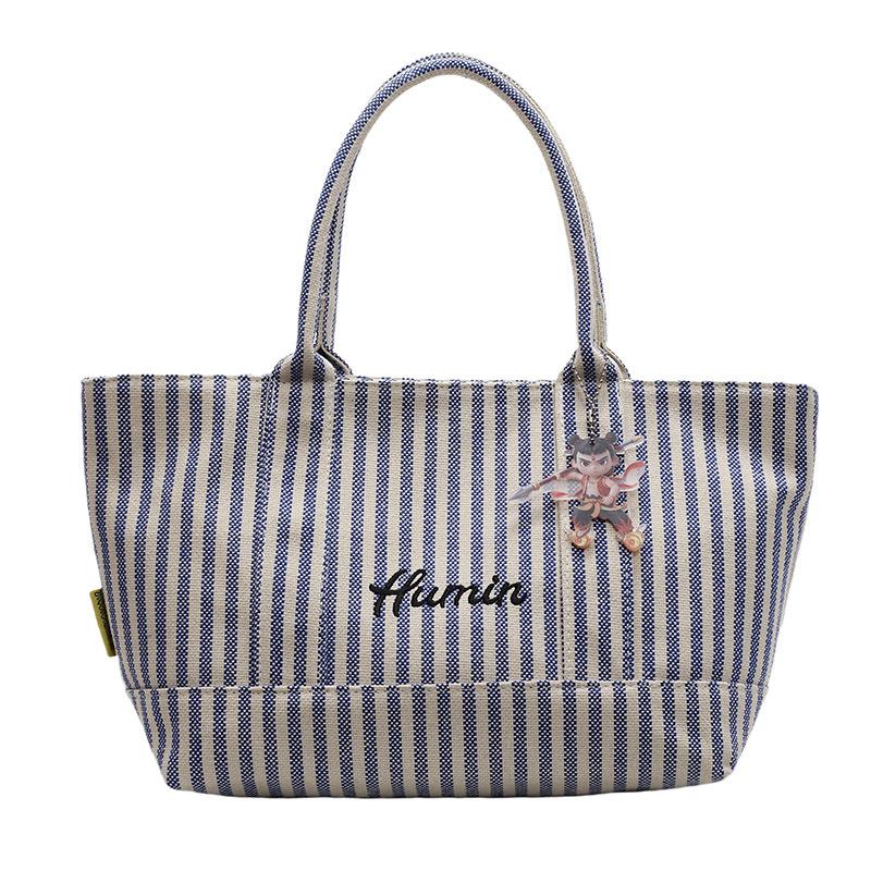 ins wind striped canvas handbag women's 2025 spring and summer large capacity tote bag shoulder bag travel bag