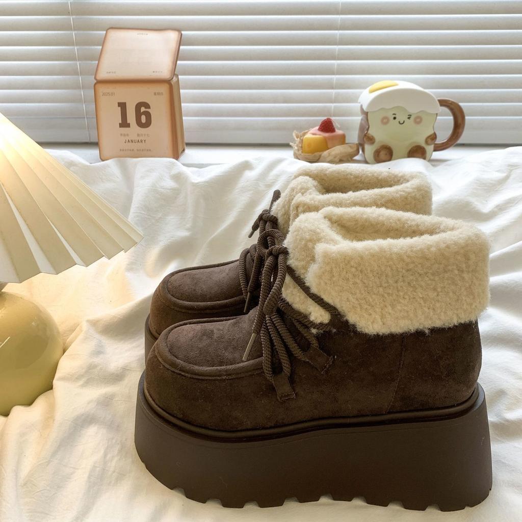 Height-increasing muffin sole versatile cotton shoes trendy leather 2025 winter new velvet thickened hair integrated thick-soled snow boots women