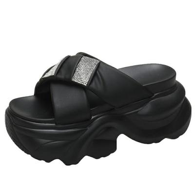 Fashion 9CM Heels Chunky Slippers For Women Open Toe High Platform Leather Sandals Woman New Summer Thick Bottom Beach Bling Flip Flops