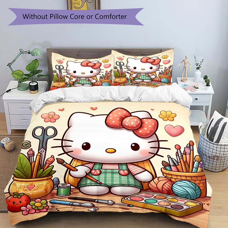 3pcs Hello Kitty's Artistic Haven Quilt Set - Soft and Comfortable Bedroom, Guest Room and Dorm Decor Bedding Set 1 Quilt Cover + 2 Pillowca
