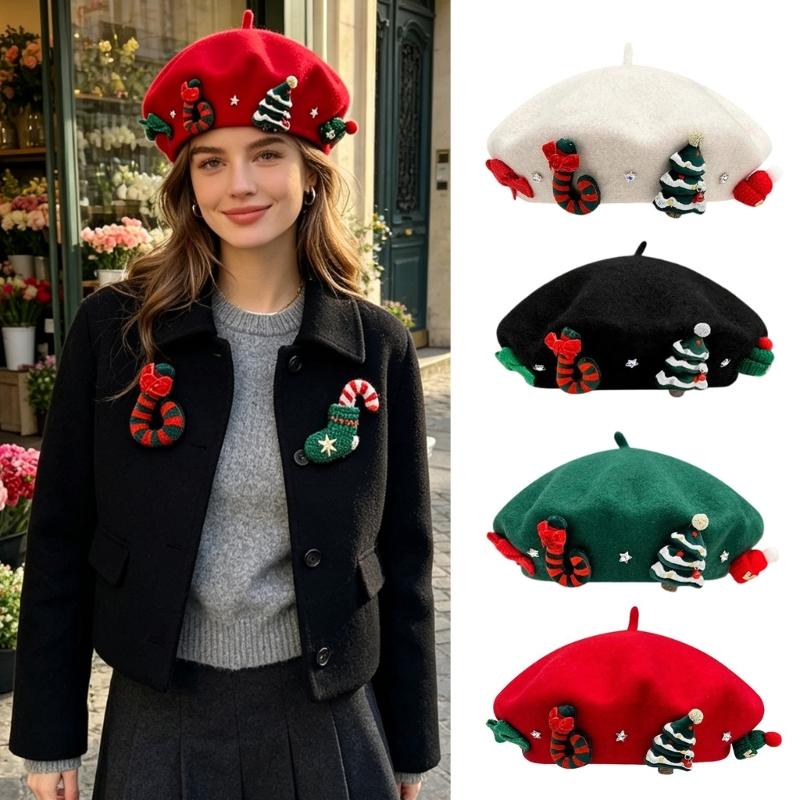 Christmas Beret Hat for Women and Girl, Brimless, Soft Warm Painters Hat, Headwear for Festival, Holiday Photoshoots and Seasonal Party Decoration
