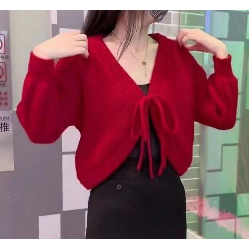 Autumn Casual Versatile Loose Lace-up Knitted Sweater Top Women's Lazy Style Loose Neck Sweater Cardigan Jacket