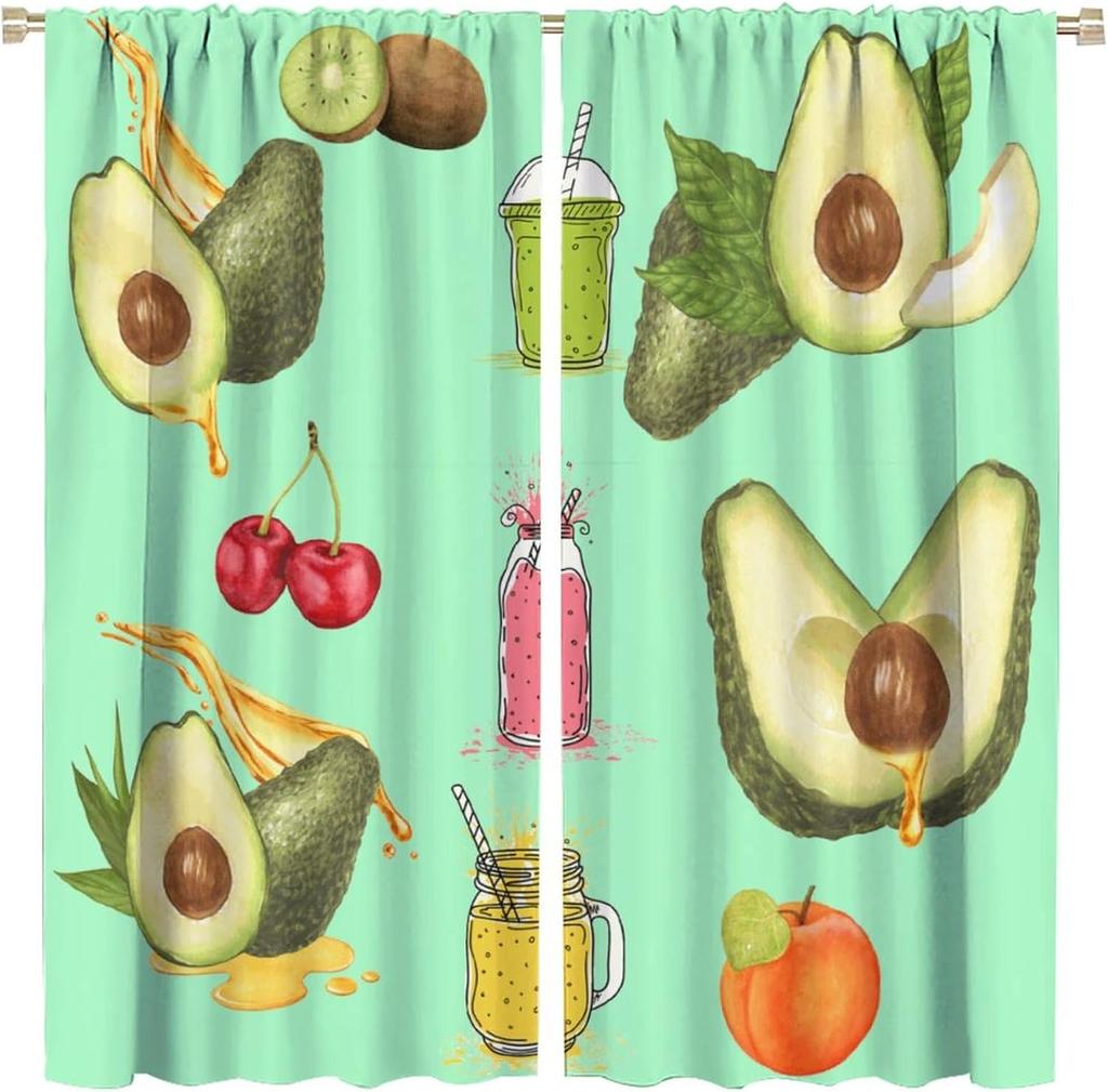 Watercolor Avocado Curtains - Summer Tropical Fruits Colorful Drink Patterns Window Treatment Room Darkening Blackout Curtains