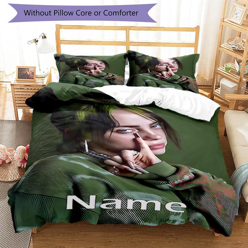 3pcs Custom Name Billie Eilish Bedding Set Duvet Cover Closure Includes 1 Duvet Cover & 2 Pillowcases, Soft and Comfortable for All Seasons.