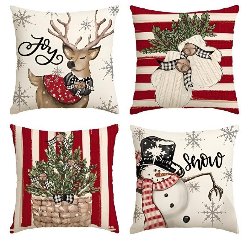 Festive Christmas Cushion Covers with Reindeer, Snowman, and Tree Designs - 45cm, Neutral Tones