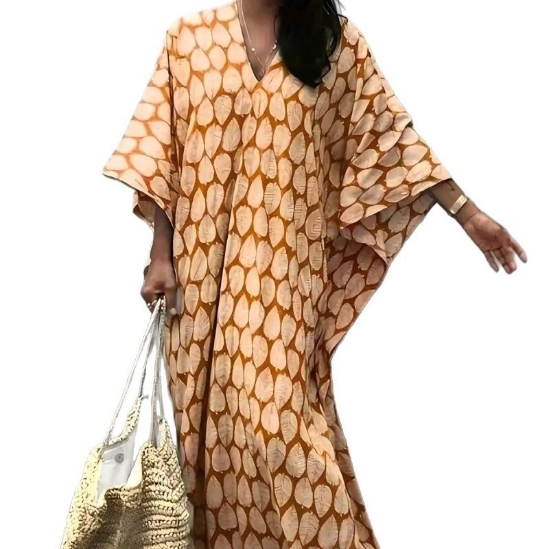 Plus Size Women's Leaf Print Beach Beach Holiday Batsleeve Bikini with A Dress