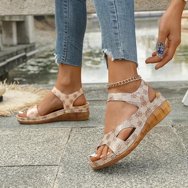 Fashion Casual Wedge Heel Printed Sandals for Women Mix Color Pu Leather Sandalias Woman Summer Wear-Resistant Platform Slippers Mujer