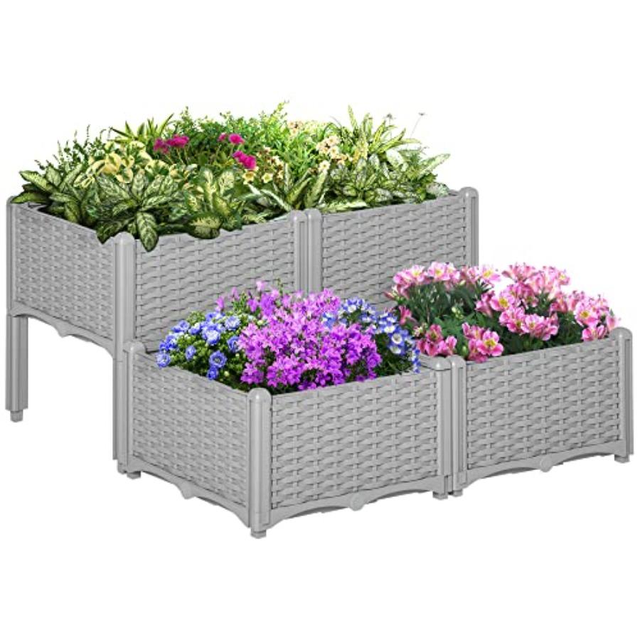 

4 Piece Raised Garden Bed with Legs Planter Box Gray for Growing Flowers Herbs Vegetables Durable Sturdy Design United States