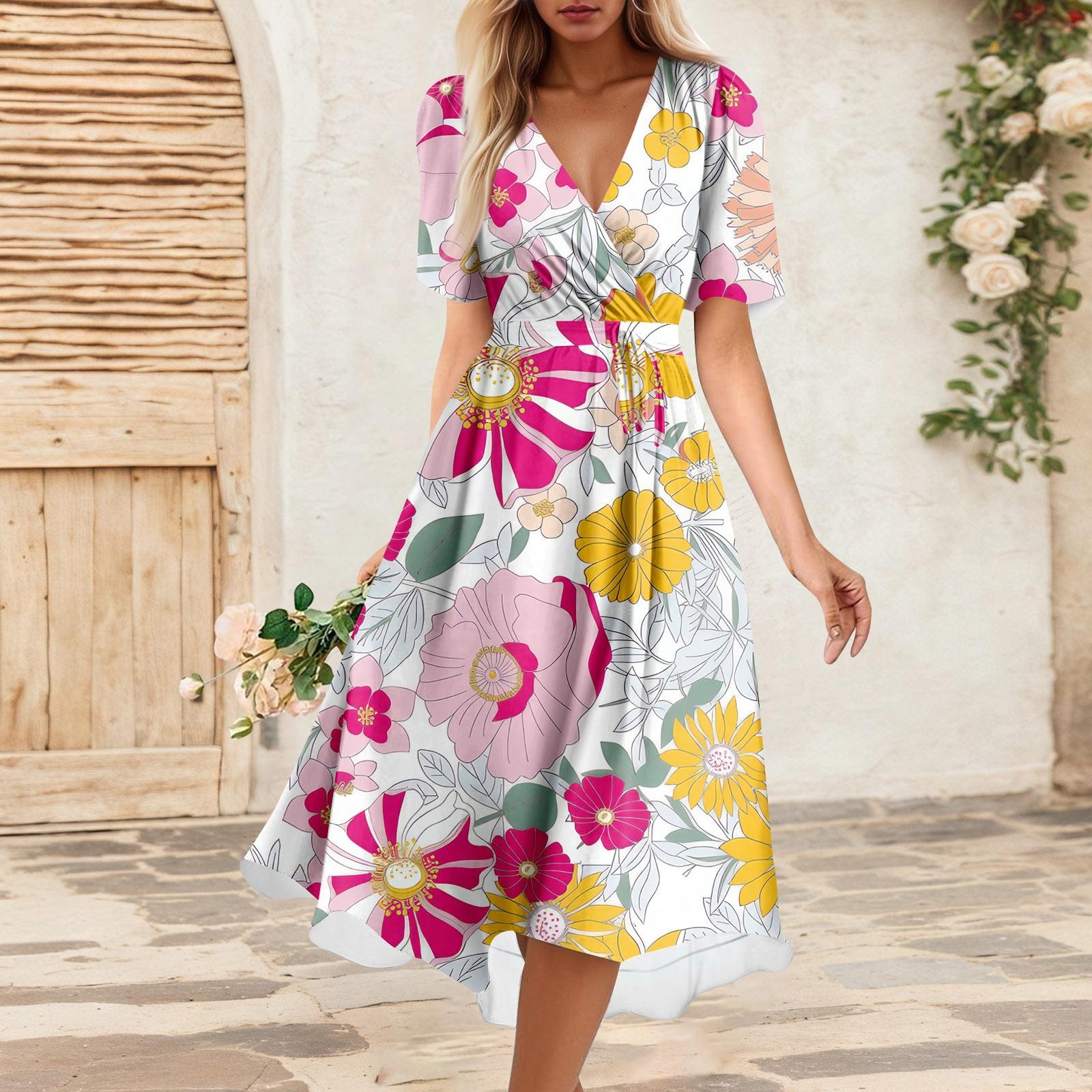 

Женское летнее свободное платье с V-образным вырезом и коротким рукавом, элегантное платье XL жёлтый