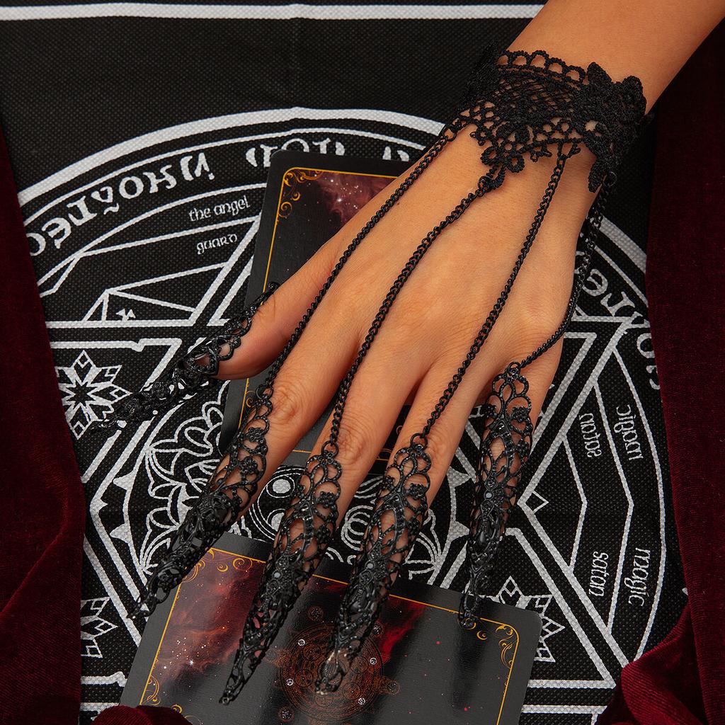 Ingemark Goth Black Lace Nail Finger Wrist Chain Rings for Women Vintage Connecting Hand Bracelet Halloween Jewelry Gift New