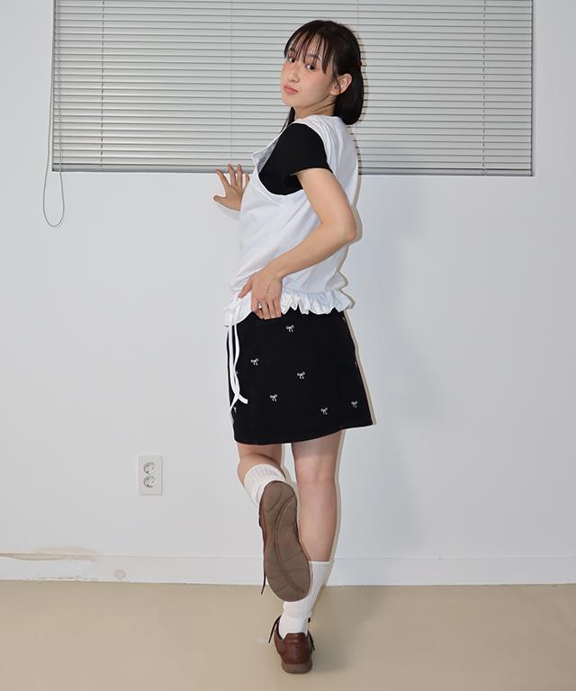 Ronron Ribbon Pattern Denim Short Skirt Deep Black
