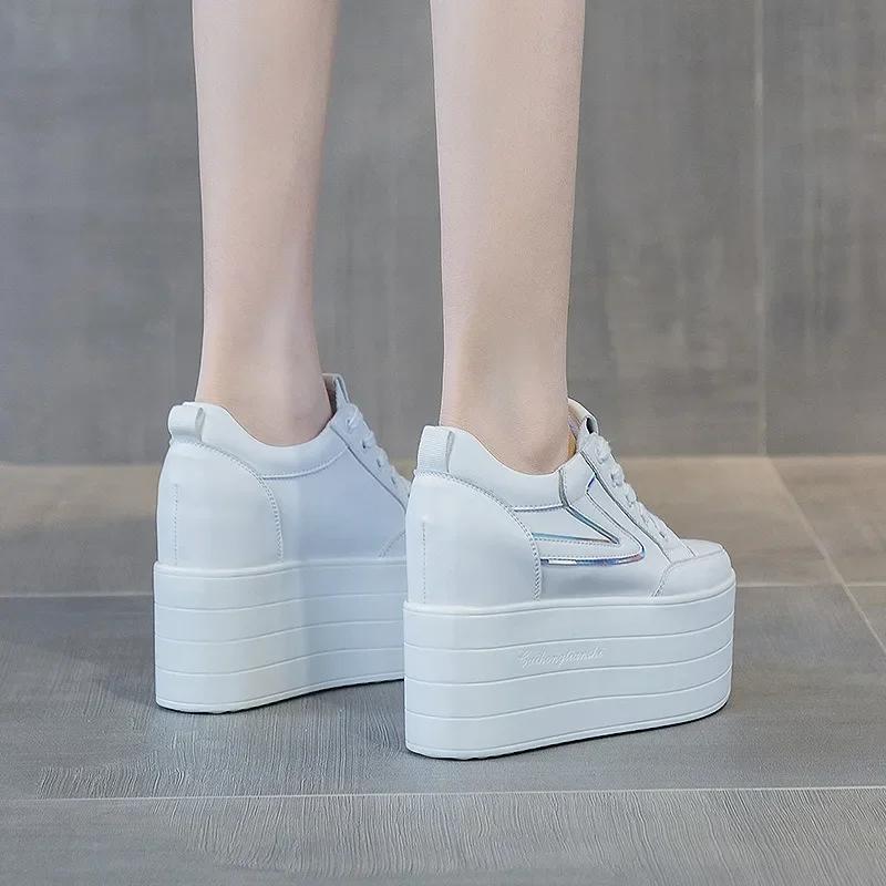 New 12CM Genuine Leather Platform Wedge Chunky Sneaker Hidden Heels Casual Breathable Spring Autumn High Brand Vulcanize Shoes