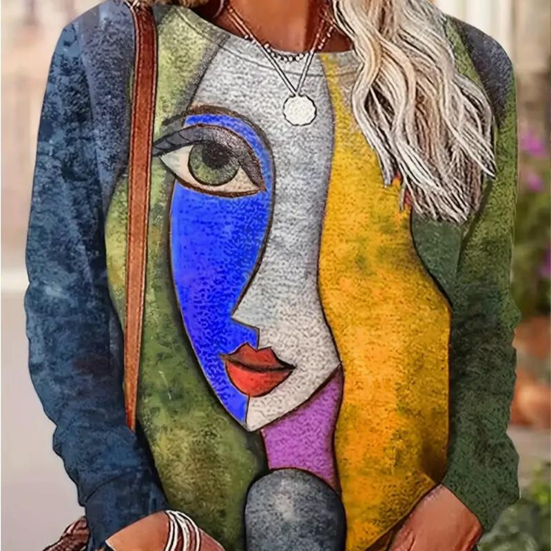 Toppar för kvinnor Vackert ansiktstryck Rund hals Långärmad T-shirt Höst Casual Slim Pullover Dam Långärmad Topp