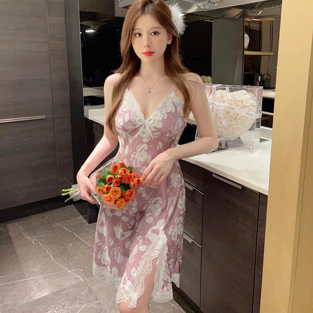 Neue Pyjamas Damen Frühling und Sommer Druck mit Brustpolster Trägerschaft Rock Reiner Begehren Stil Mehrfarbige Spitze Sexy Nachthemd