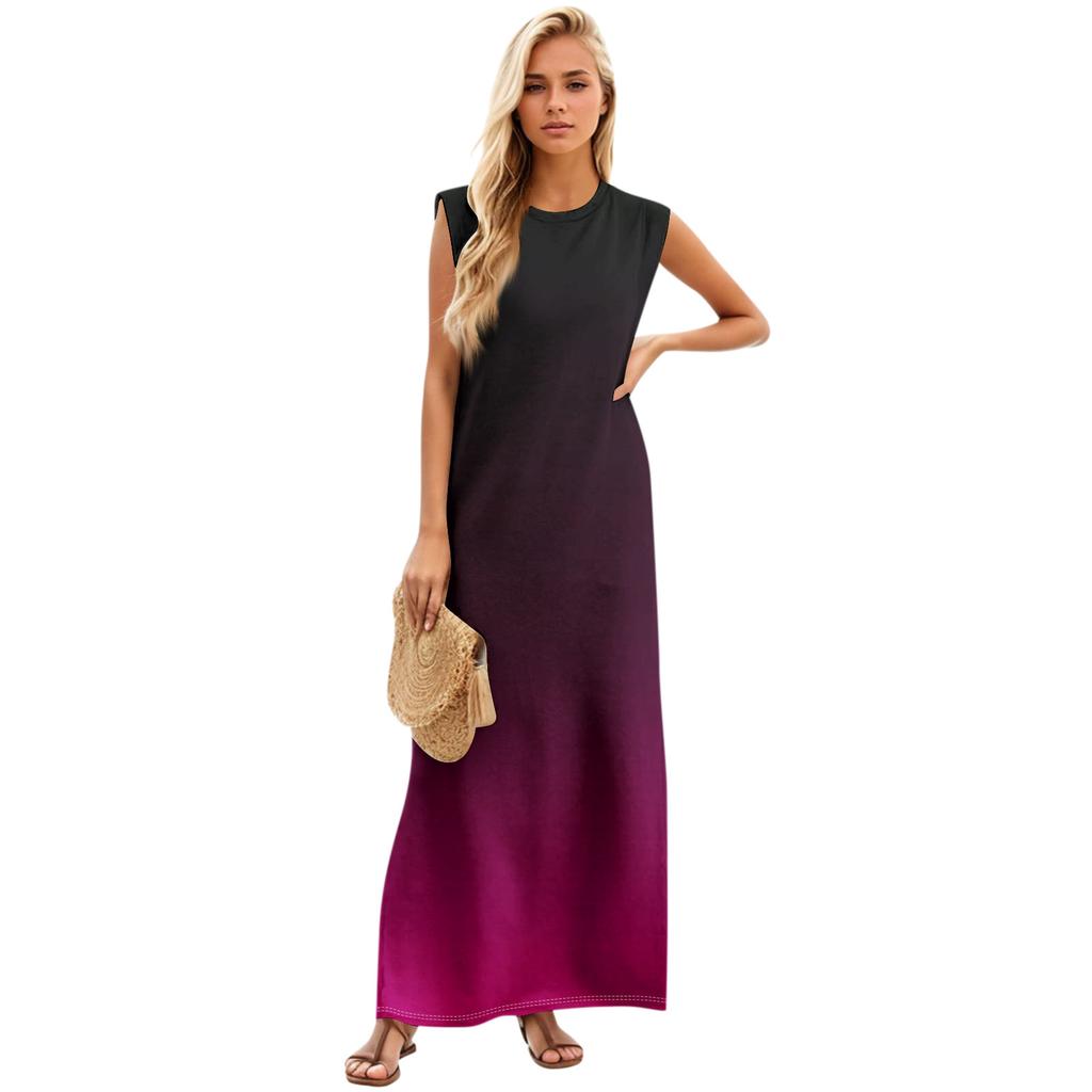 Sommerkleider für Damen, Rundhalsausschnitt, lässig, lockerer Druck, geteilt, faltenfrei, langes Maxi-Strandkleid mit Taschen