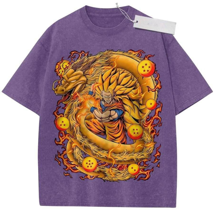Summer Mens Black Washed T Shirt Dragon Ball Z Super Saiyan Goku Golden Dragon Dragon Balls Flames High Quality