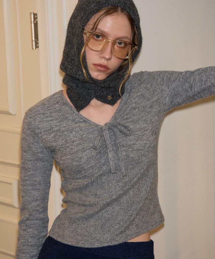 SALON DE YOHN V-Neck Ribbon Shirring Knit_ Gray