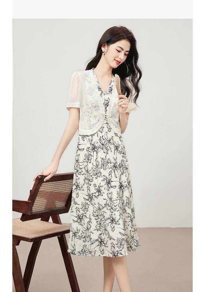 New Chinese style set, retro buckle, cool printed skirt two-piece set
