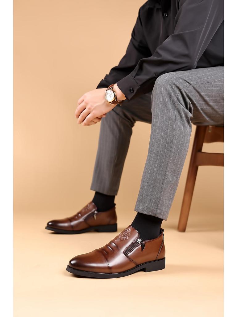 Men's Autumn/Winter Business Casual Leather Shoes with Lion Head Zipper – High & Low Top, Pointed Style
