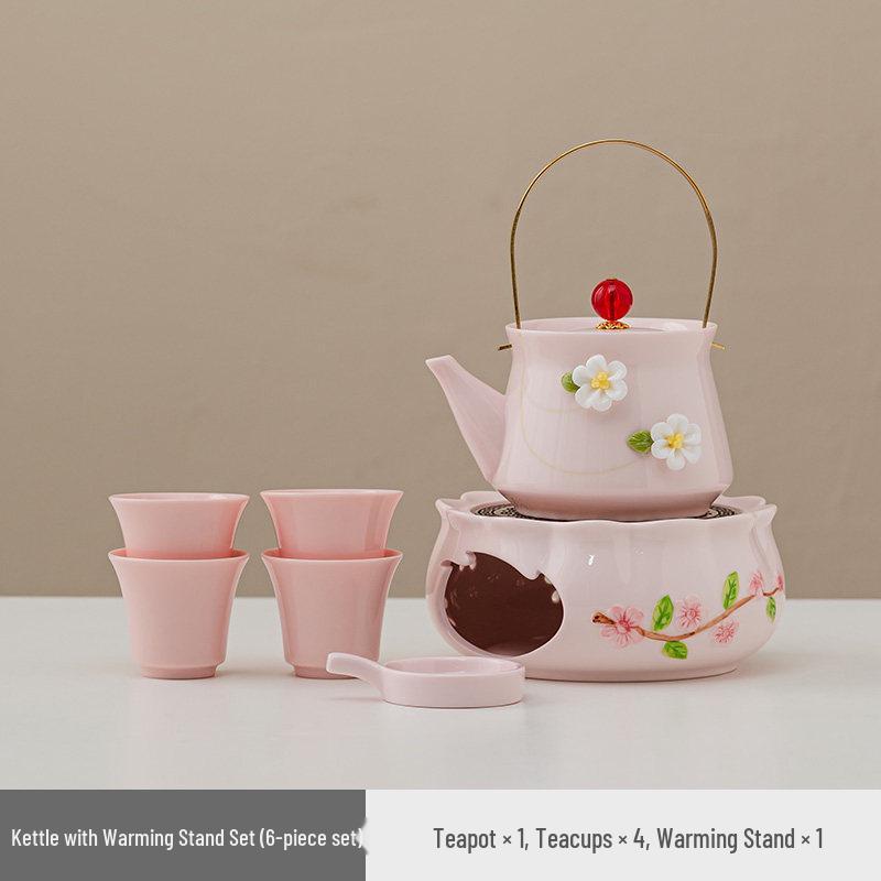 Women's Pink Ceramic Gongfu Tea Set with Teacup, Saucer, and Floral Handle Pot
