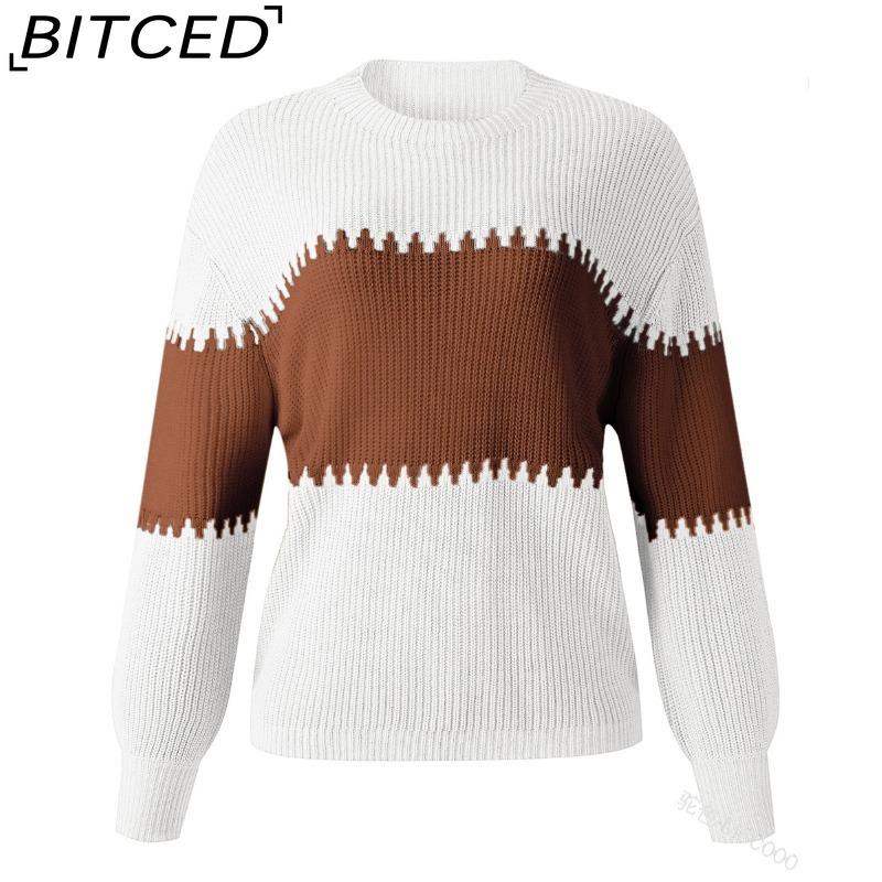 BITCED Color-Block Striped Sweater with Lantern Sleeves Women's O-Neck Top in European Style