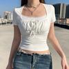 2024 Summer Sweet Lace Spliced White T-shirt Women Square Neck Short Sleeve Tshirts Woman Slim Fit Elegant Vintage Lady T Shirt 24279