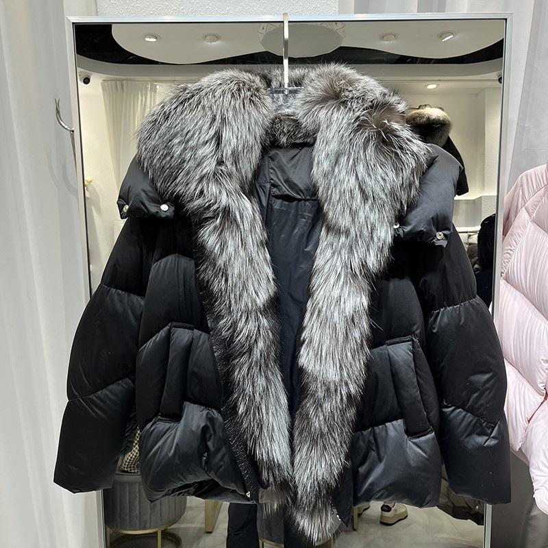 Europe Station winter new high-end fur silk fox fur collar down jacket women's short loose thickened coat