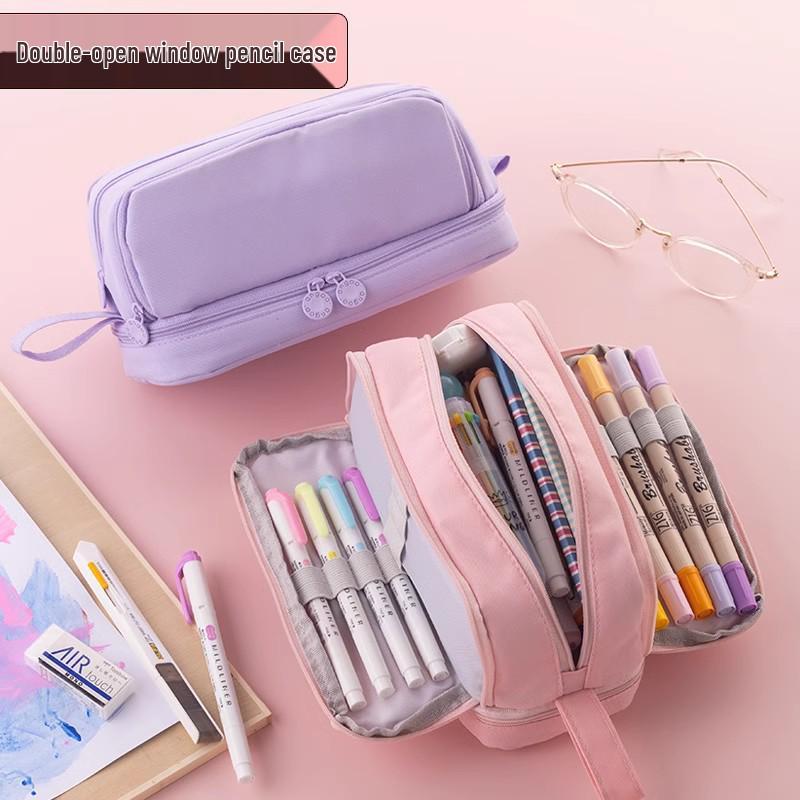 Double Layer Solid Color Pencil Case - Korean & Japanese Style, Large Capacity for Boys and Girls, Middle School Students