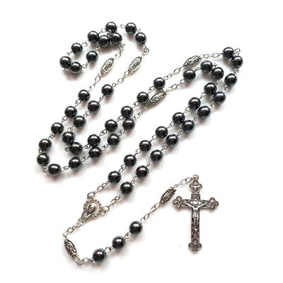 Collares Cruzados de Piedra Hematita Negra Moda Crucifijo Católico Colgante Collares de Rosario Joyería Religiosa Regalo para Hombres