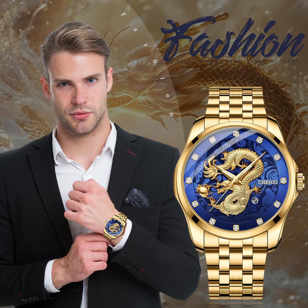 Men's Gold Dragon Watch, Stainless Steel: Luminous Analog, Calendar, Dragon, Antique Quartz Watch, 3ATM Water Resistant, Fashion Accessory - Perfect
