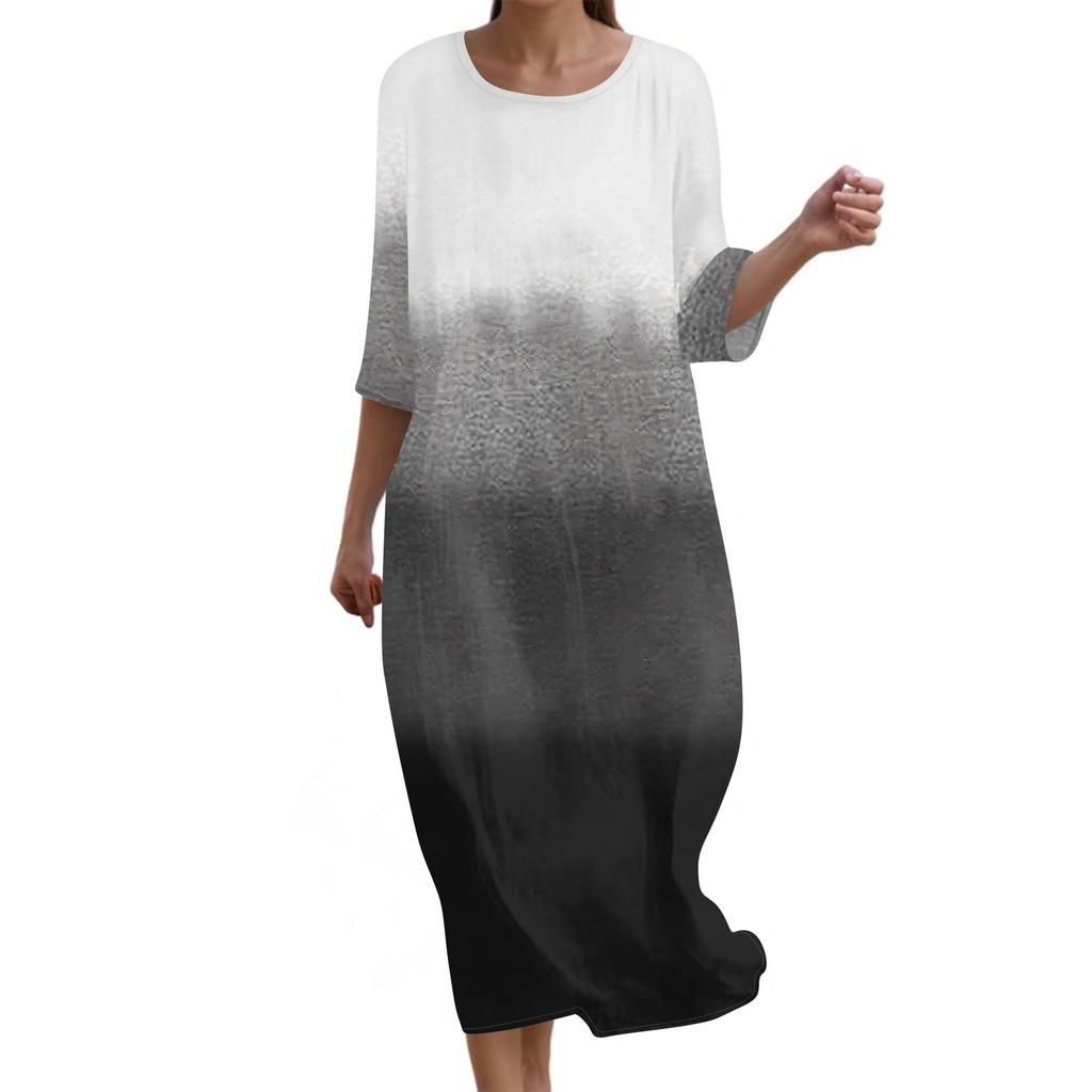 Damen Modisches Bedrucktes Rundhals Siebenviertelärmel Lockeres Kleid