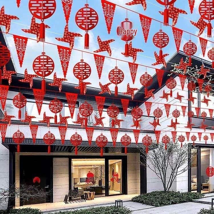 Festone Nuziale Doppia Felicità: Lanterna, Girandola, Luci a Filo, Decorazione Aquilone per Cortile Esterno