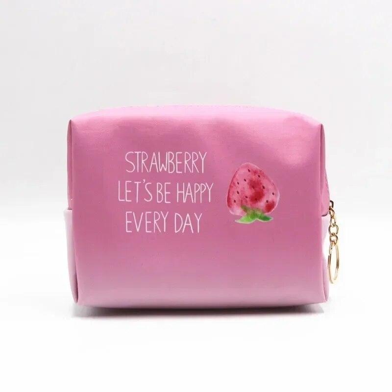 PU Waterproof Cosmetic Bag Creative Pink Strawberry Series Large Capacity Portable Toiletry Bag Travel Storage Bag Makeup Pouch
