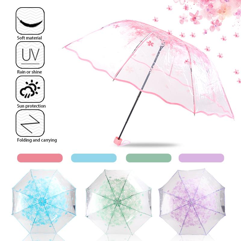 Fashion Automatic Cute Sakura Rain Umbrella Transparent Three-fold Umbrella Cherry Blossom Mushroom Sakura Umbrella Rain Gear